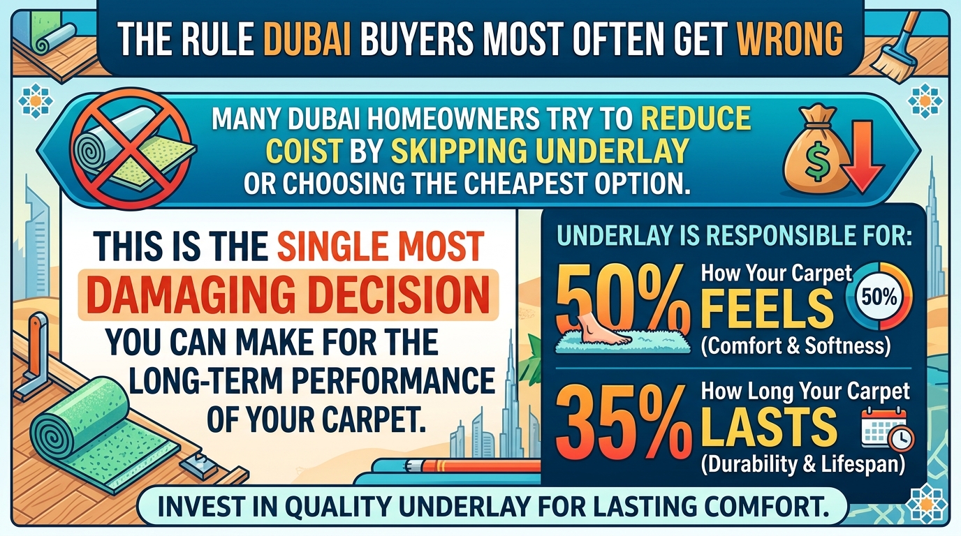 Many Dubai homeowners try to reduce cost by skipping underlay or choosing the cheapest option