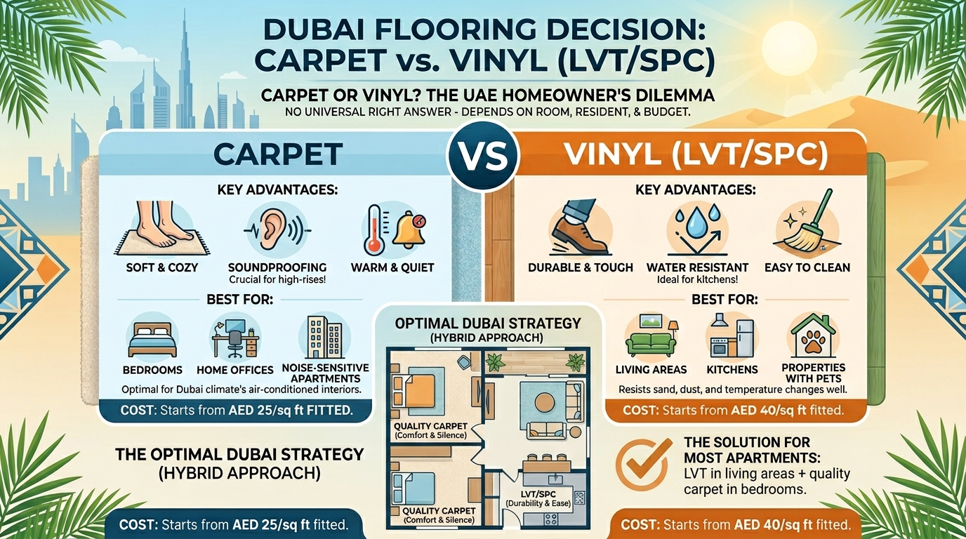 Carpet or vinyl? It's the question Dubai homeowners, landlords, and fit-out contractors ask most.