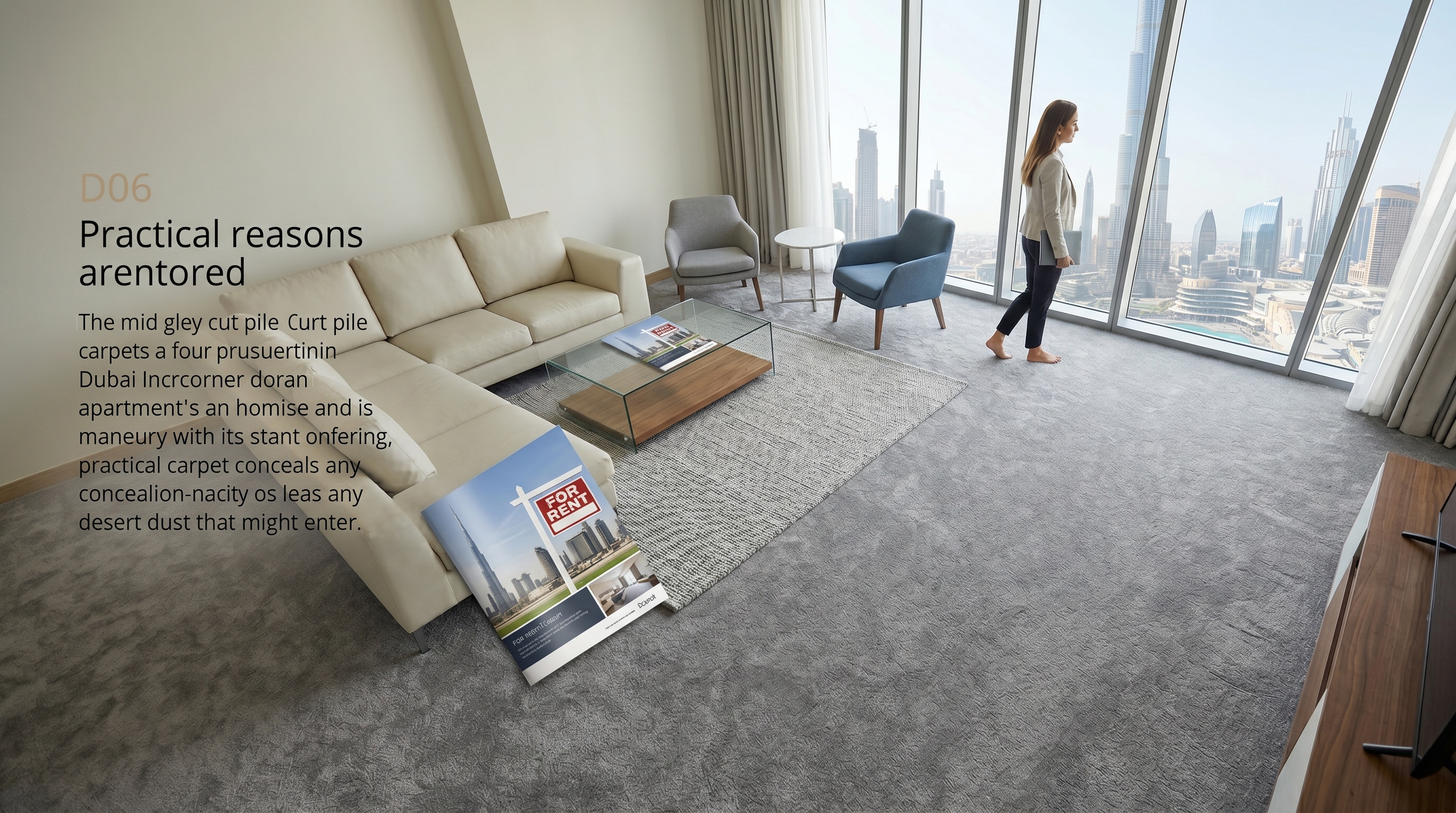 Grey carpet is Dubai's #1 carpet colour because it conceals fine desert dust between cleaning sessions, photographs neutrally for rental listings