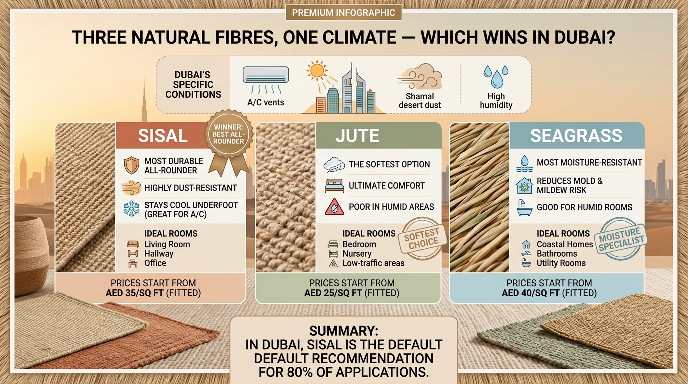 Sisal, jute, and seagrass are the three most popular natural carpet fibres available in Dubai.